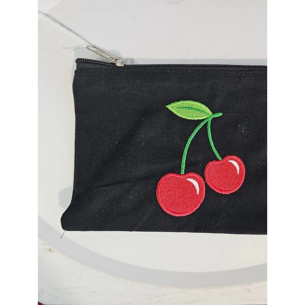 Double-sided Embroidered Red Cherry Black Canvas Zipper Cosmetic Clutch Bag
